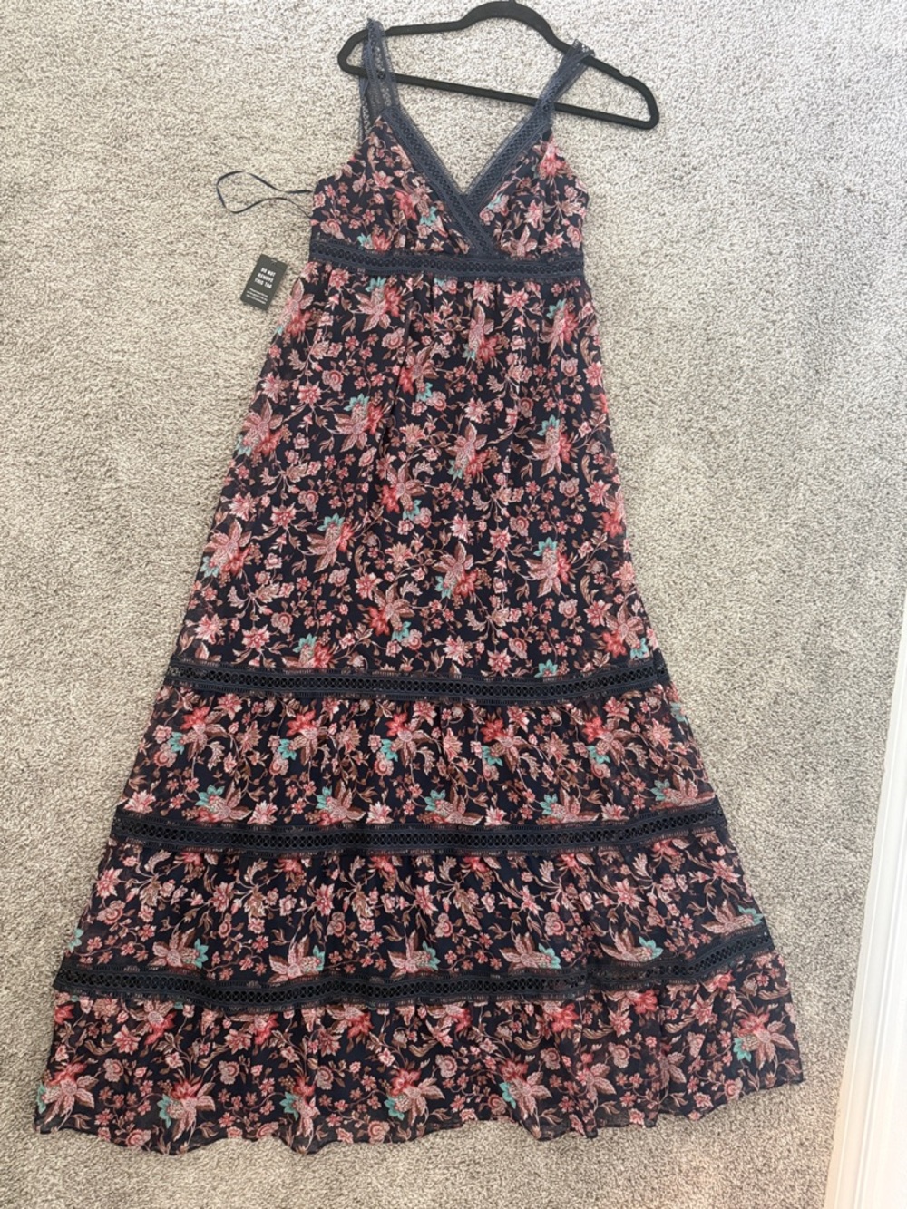 Express Floral Maxi Dress in Black with Pink and Teal Accents